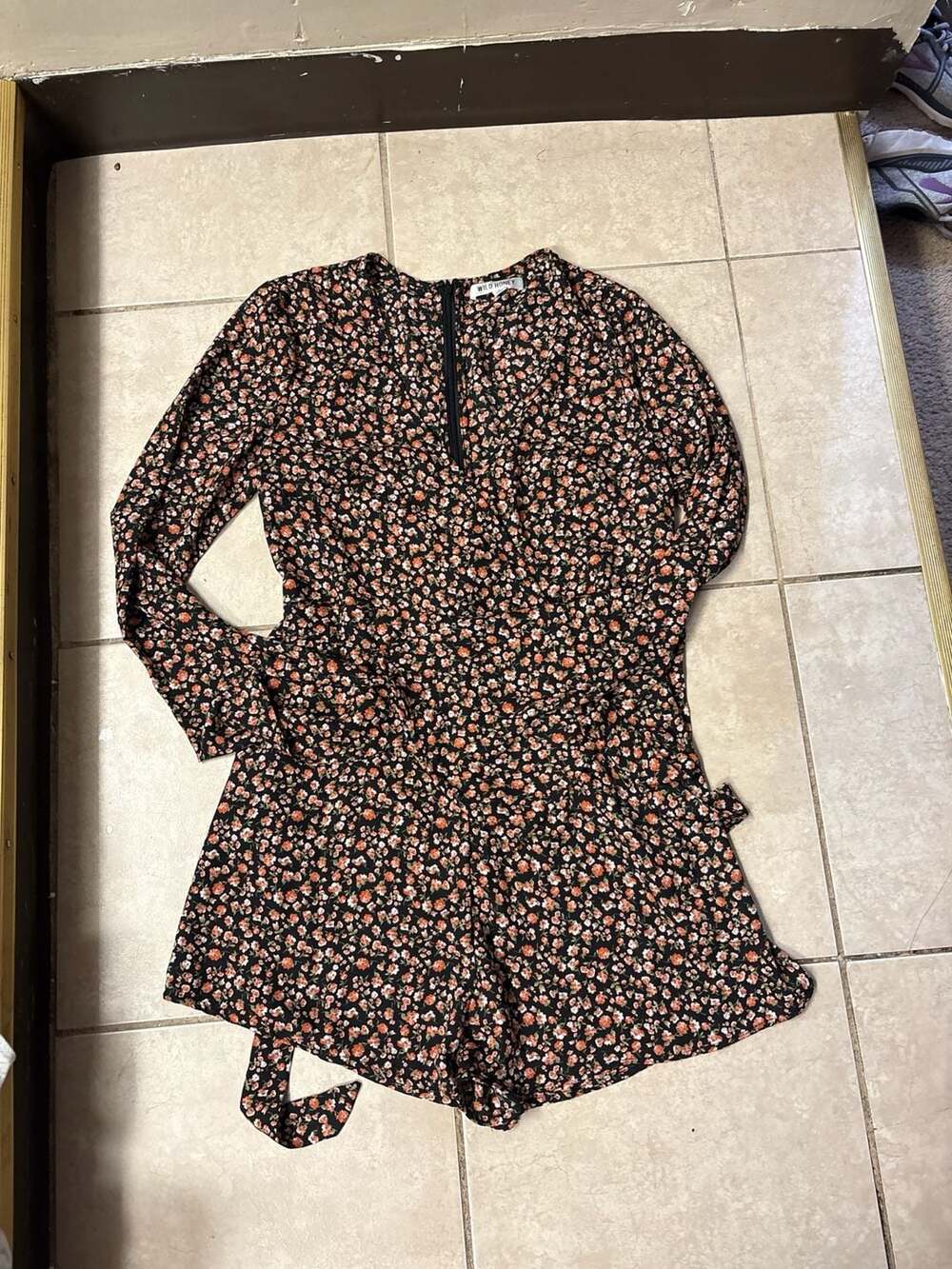 WILD HONEY Long Sleeve V-Neck Floral Print Romper with Back Zip and Waist Tie
